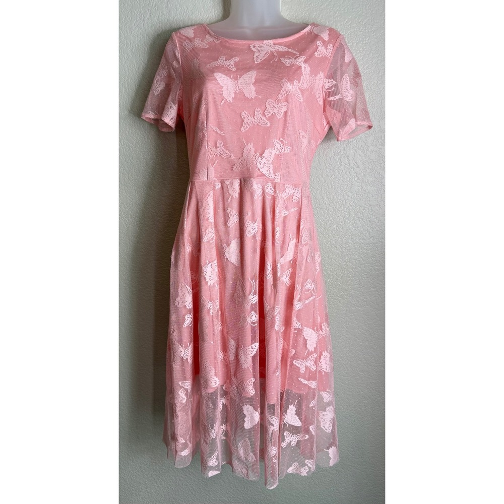 Grefit Womens Size S Pink Butterfly‎ Lace Mesh Overlay Midi Dress Short Sleeve
